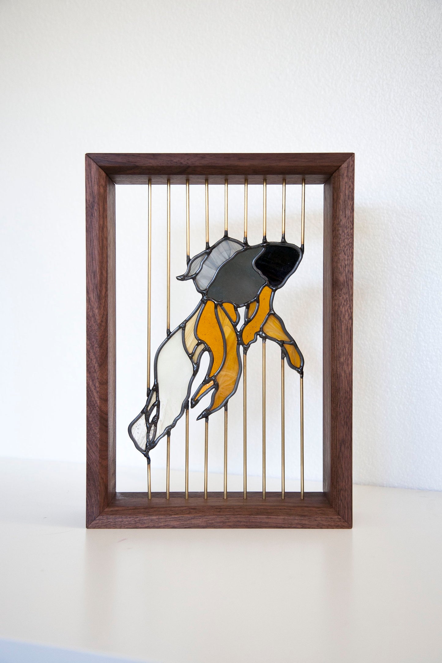 Stained Glass Fish - Floating in Walnut Wood Frame with Brass