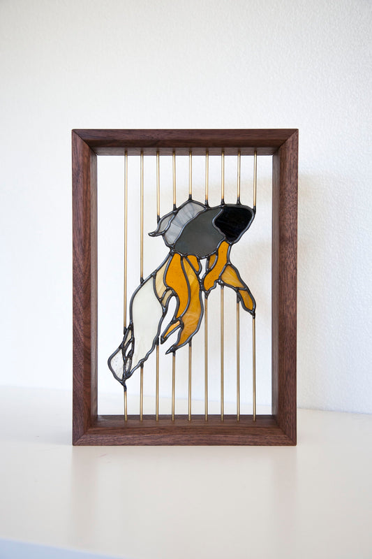 Stained Glass Fish - Floating in Walnut Wood Frame with Brass