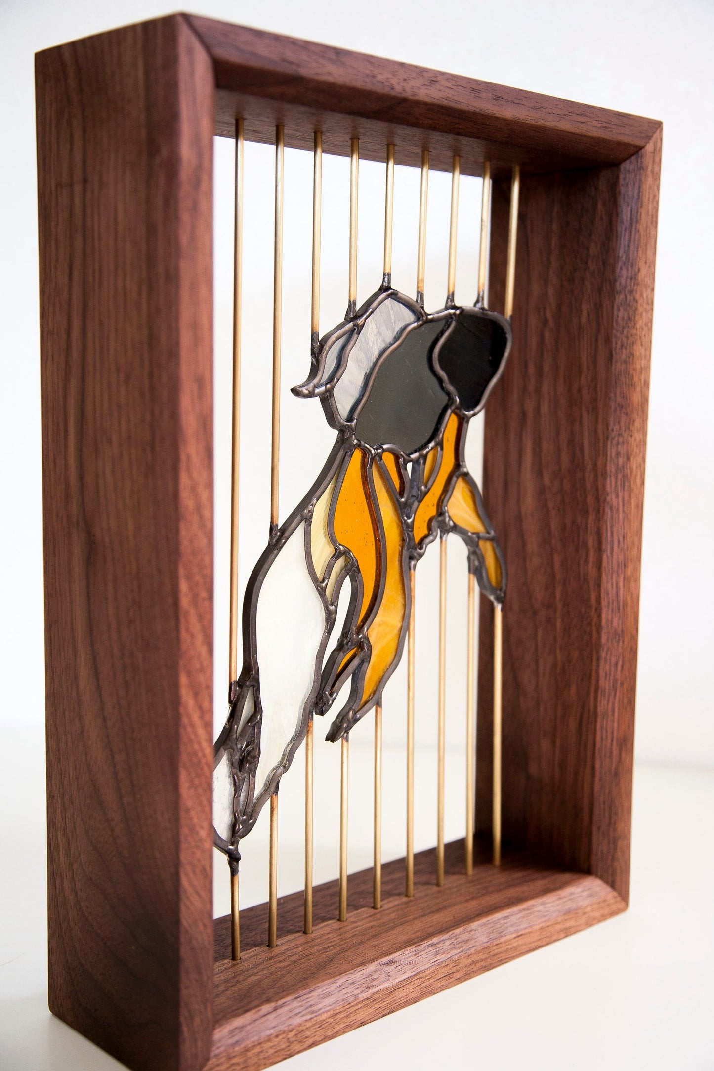 Stained Glass Fish - Floating in Walnut Wood Frame with Brass