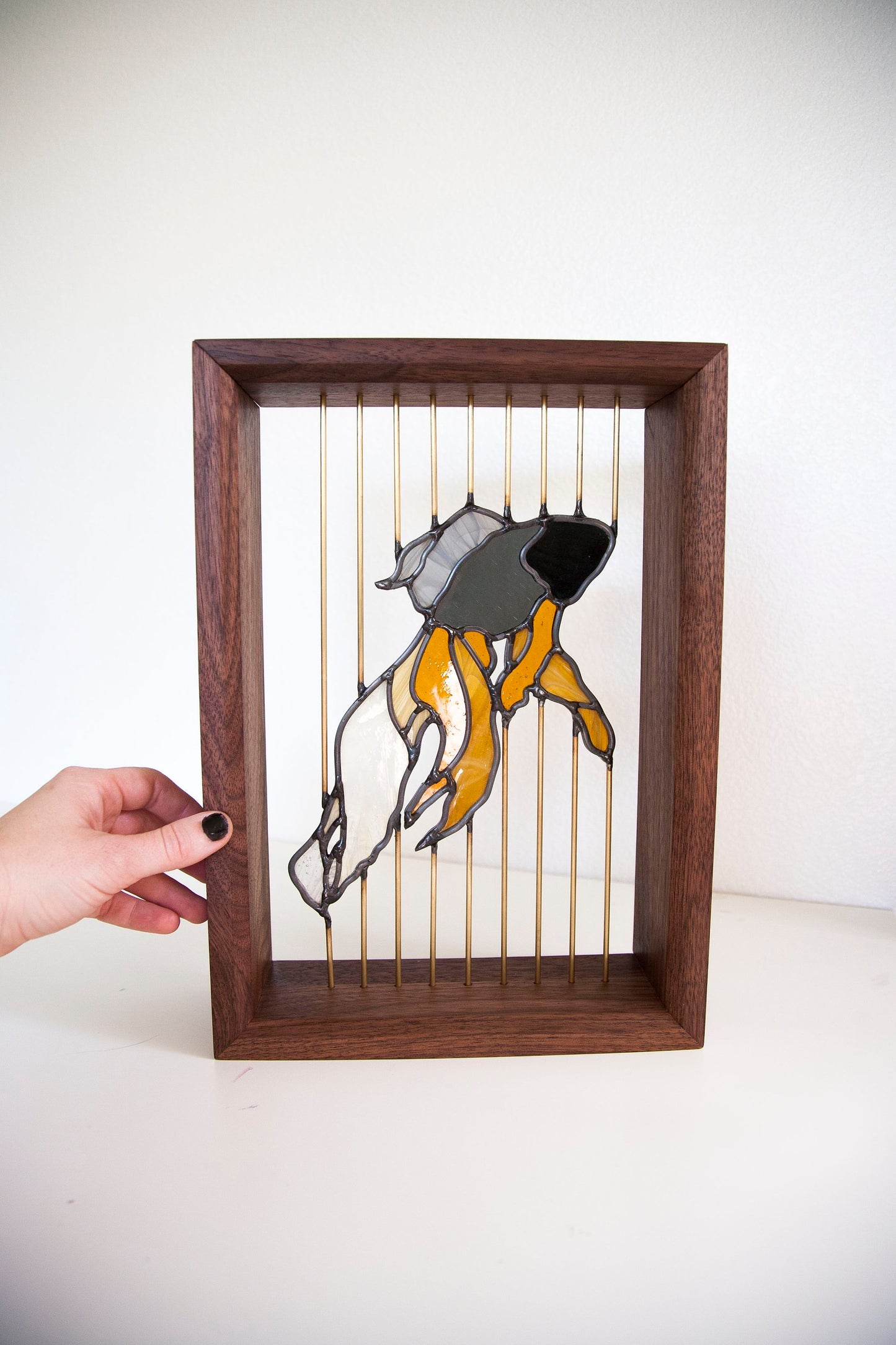 Stained Glass Fish - Floating in Walnut Wood Frame with Brass