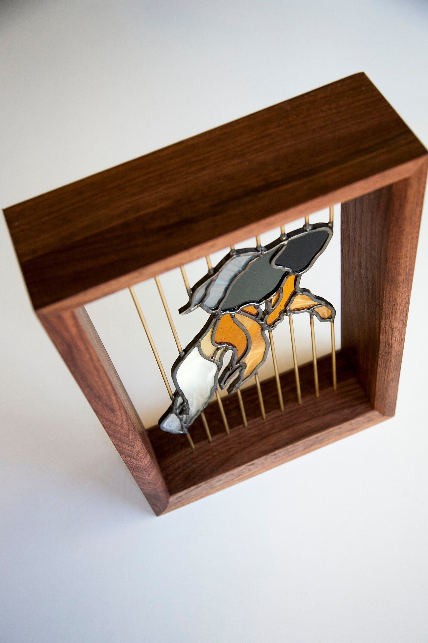 Stained Glass Fish - Floating in Walnut Wood Frame with Brass