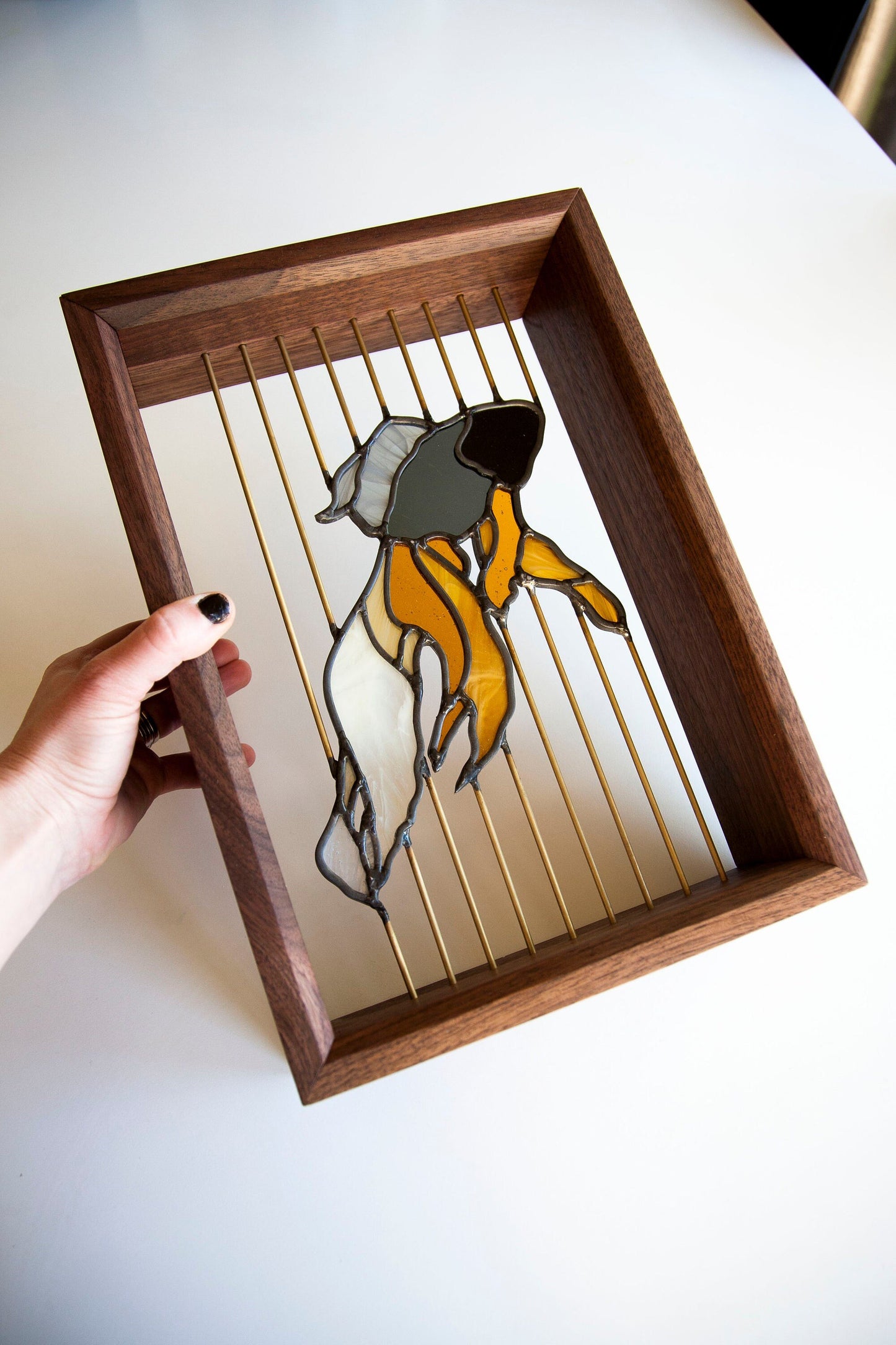 Stained Glass Fish - Floating in Walnut Wood Frame with Brass